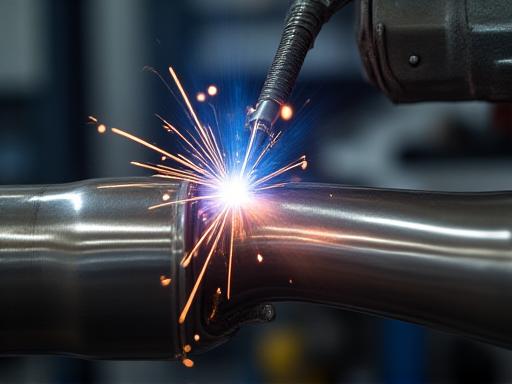 Detail nerezového výfuku během svařování v dílně